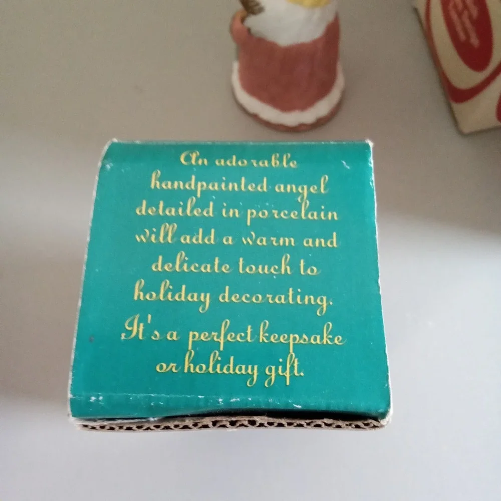 Vintage Porcelain Holiday Angel Bell Ornament Handpainted Pink Dress Wreath Box